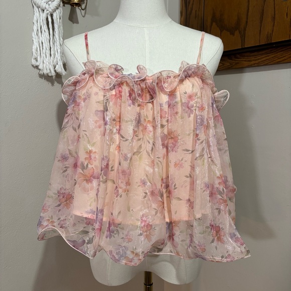willow & root Tops - Pink Floral Chiffon Camisole Top Ruffle Tiered Spaghetti Strap Size Large